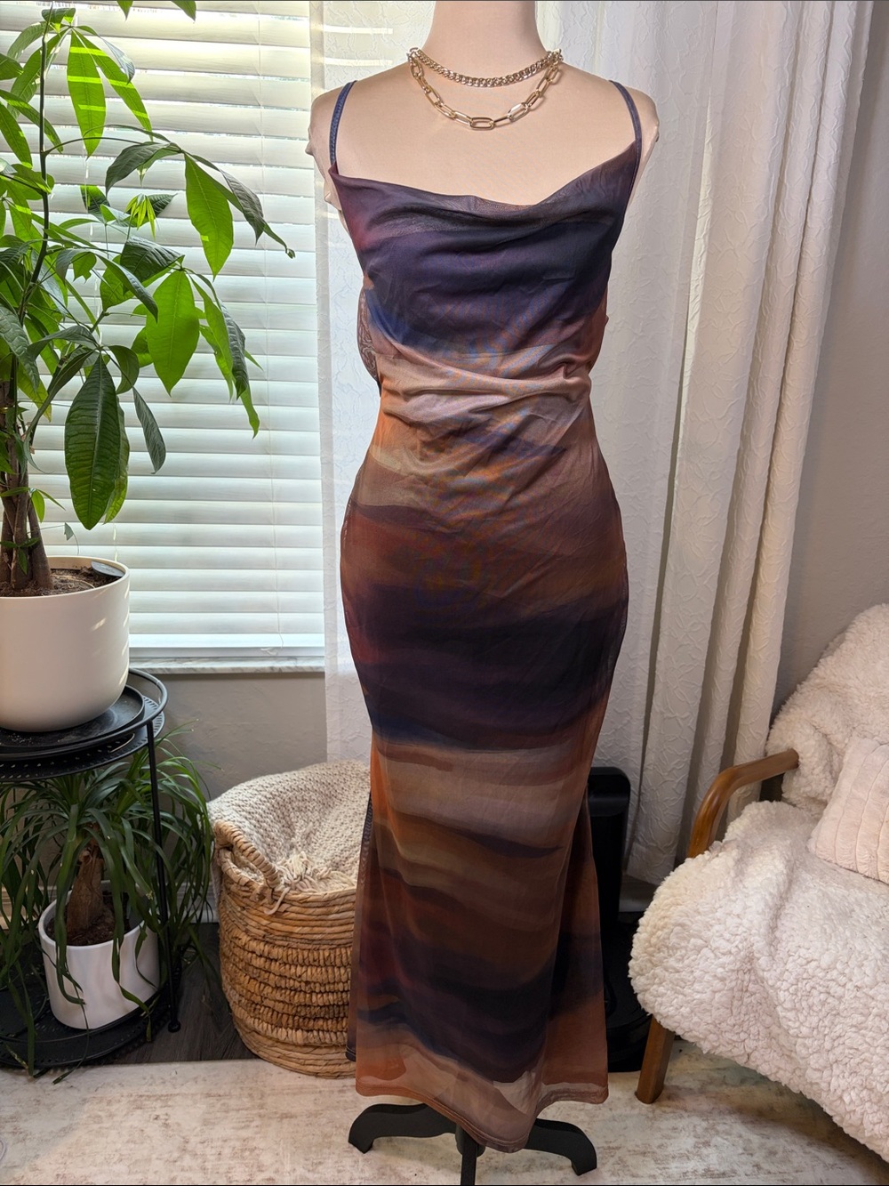 Open back fit and flare maxi dress in brown abstract print size medium SHEIN